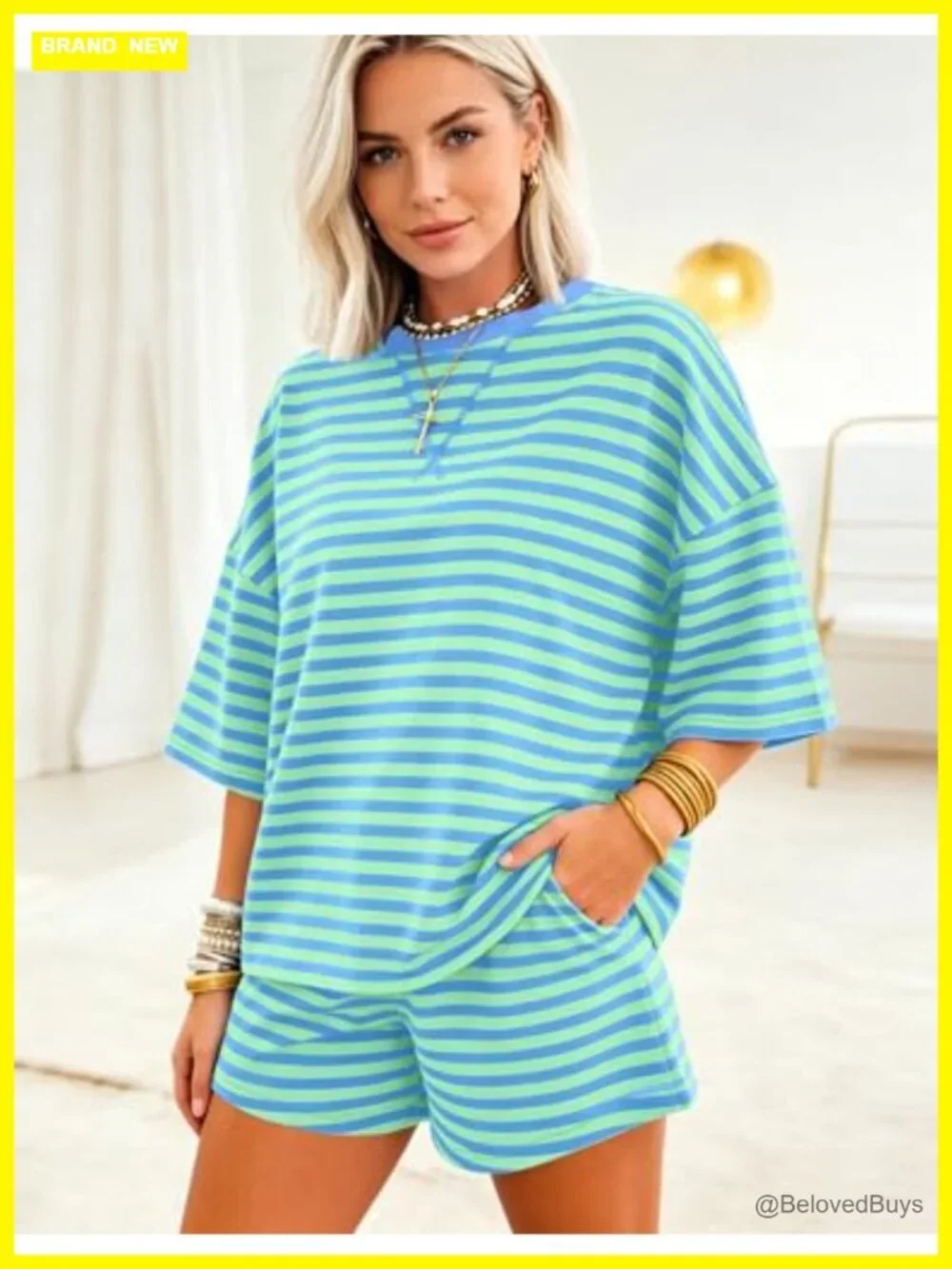 Striped Oversized Lounge Set with Shorts - 2 Piece Pajama Set